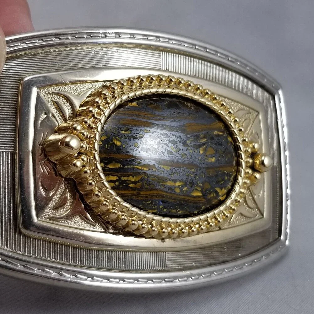 Belt Buckle Women's Unisex Onyx Ornate Western Filigree Gold And Silver Color‎